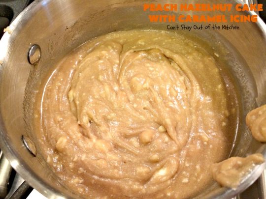 Peach Hazelnut Cake with Caramel Icing | Can't Stay Out of the Kitchen | in this fantastic #cake the #caramel icing sinks into the cake like a #pokecake. It's absolutely spectacular & the perfect #summer #dessert. #peaches #hazelnuts