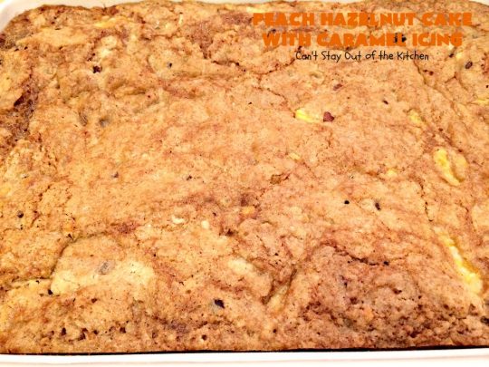 Peach Hazelnut Cake with Caramel Icing | Can't Stay Out of the Kitchen | in this fantastic #cake the #caramel icing sinks into the cake like a #pokecake. It's absolutely spectacular & the perfect #summer #dessert. #peaches #hazelnuts