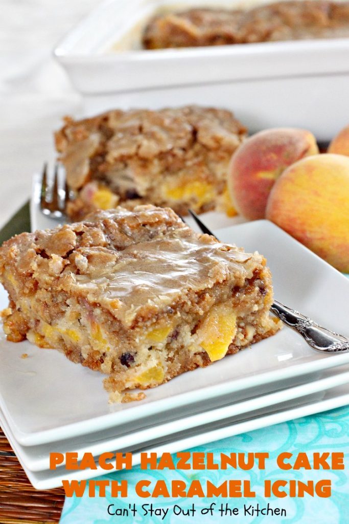 Peach Hazelnut Cake with Caramel Icing | Can't Stay Out of the Kitchen | in this fantastic #cake the #caramel icing sinks into the cake like a #pokecake. It's absolutely spectacular & the perfect #summer #dessert. #peaches #hazelnuts