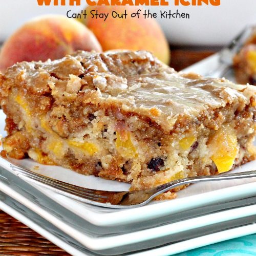 Peach Hazelnut Cake with Caramel Icing | Can't Stay Out of the Kitchen | in this fantastic #cake the #caramel icing sinks into the cake like a #pokecake. It's absolutely spectacular & the perfect #summer #dessert. #peaches #hazelnuts