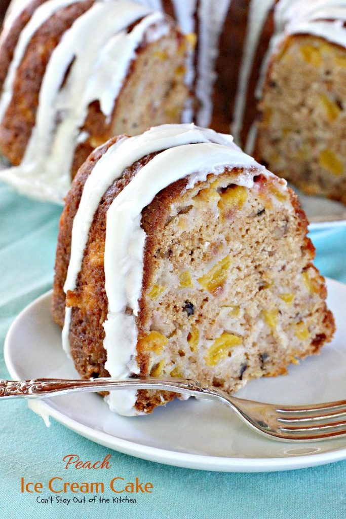 Peach Ice Cream Cake | Can't Stay Out of the Kitchen | one of the most spectacular #cakes you will ever eat! The surprise ingredient is #icecream! #peaches #dessert