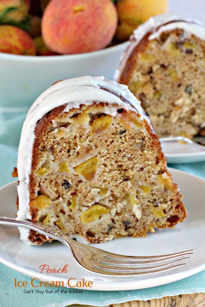 Peach Ice Cream Cake | Can't Stay Out of the Kitchen | one of the most spectacular #cakes you will ever eat! The surprise ingredient is #icecream! #peaches #dessert