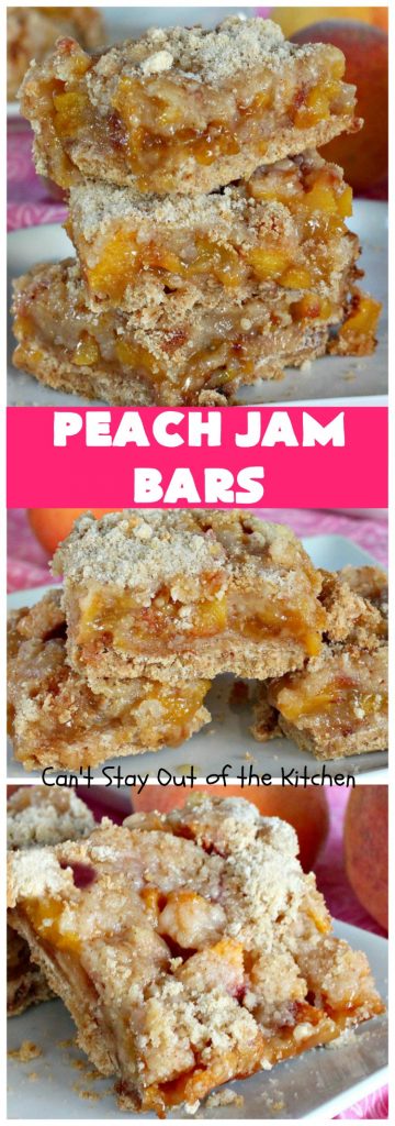 Peach Jam Bars | Can't Stay Out of the Kitchen | these ooey, gooey fantastic #cookies are filled with #PeachJam & fresh #peaches. They also have a #streusel topping. They're rich, decadent & heavenly! Terrific #dessert for #tailgating parties, potlucks, backyard BBQs or for the summer #holidays when peaches are in season. #PeachJamBars #PeachDessert #PeachJamDessert #HolidayDessert