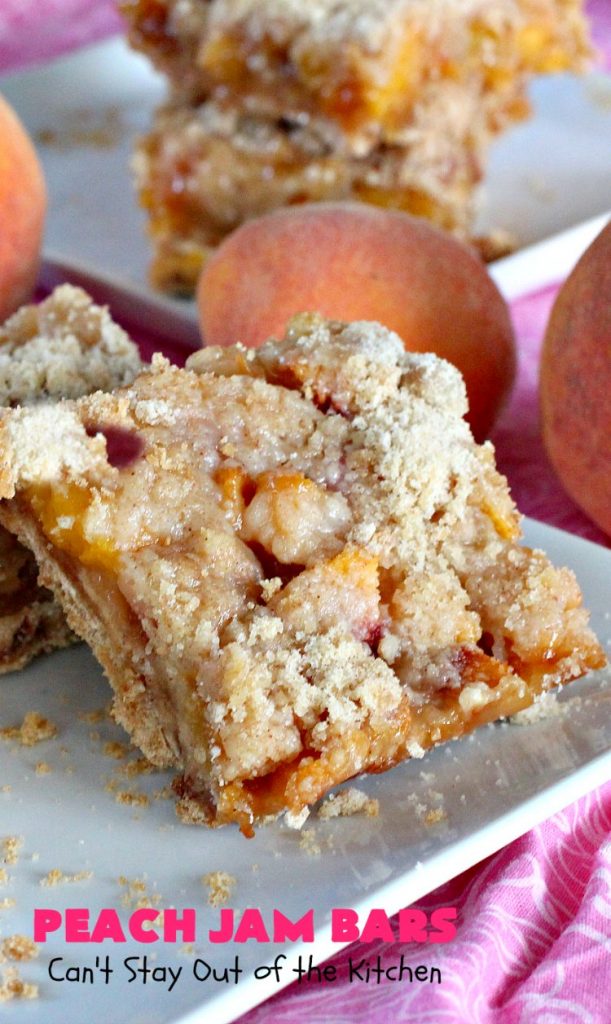 Peach Jam Bars | Can't Stay Out of the Kitchen | these ooey, gooey fantastic #cookies are filled with #PeachJam & fresh #peaches. They also have a #streusel topping. They're rich, decadent & heavenly! Terrific #dessert for #tailgating parties, potlucks, backyard BBQs or for the summer #holidays when peaches are in season. #PeachJamBars #PeachDessert #PeachJamDessert #HolidayDessert