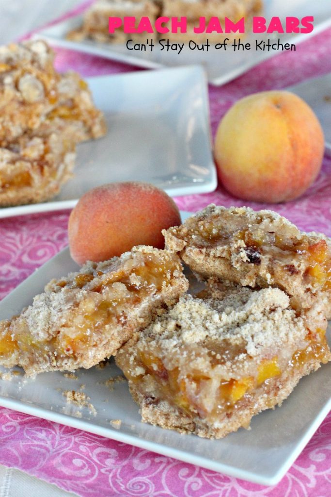 Peach Jam Bars | Can't Stay Out of the Kitchen | these ooey, gooey fantastic #cookies are filled with #PeachJam & fresh #peaches. They also have a #streusel topping. They're rich, decadent & heavenly! Terrific #dessert for #tailgating parties, potlucks, backyard BBQs or for the summer #holidays when peaches are in season. #PeachJamBars #PeachDessert #PeachJamDessert #HolidayDessert