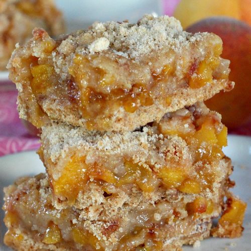 Peach Jam Bars | Can't Stay Out of the Kitchen | these ooey, gooey fantastic #cookies are filled with #PeachJam & fresh #peaches. They also have a #streusel topping. They're rich, decadent & heavenly! Terrific #dessert for #tailgating parties, potlucks, backyard BBQs or for the summer #holidays when peaches are in season. #PeachJamBars #PeachDessert #PeachJamDessert #HolidayDessert