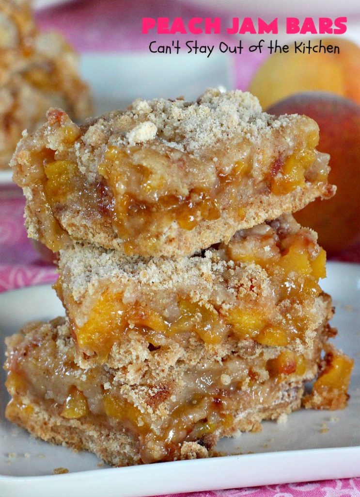 Peach Jam Bars | Can't Stay Out of the Kitchen | these ooey, gooey fantastic #cookies are filled with #PeachJam & fresh #peaches. They also have a #streusel topping. They're rich, decadent & heavenly! Terrific #dessert for #tailgating parties, potlucks, backyard BBQs or for the summer #holidays when peaches are in season. #PeachJamBars #PeachDessert #PeachJamDessert #HolidayDessert