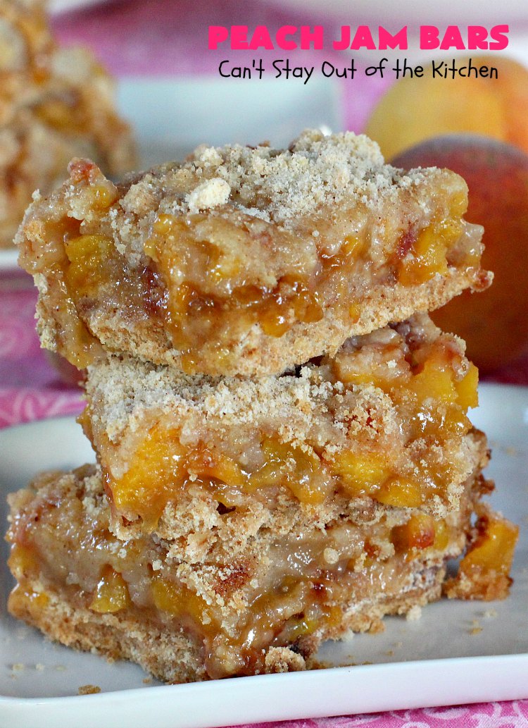Peach Jam Bars | Can't Stay Out of the Kitchen | these ooey, gooey fantastic #cookies are filled with #PeachJam & fresh #peaches. They also have a #streusel topping. They're rich, decadent & heavenly! Terrific #dessert for #tailgating parties, potlucks, backyard BBQs or for the summer #holidays when peaches are in season. #PeachJamBars #PeachDessert #PeachJamDessert #HolidayDessert