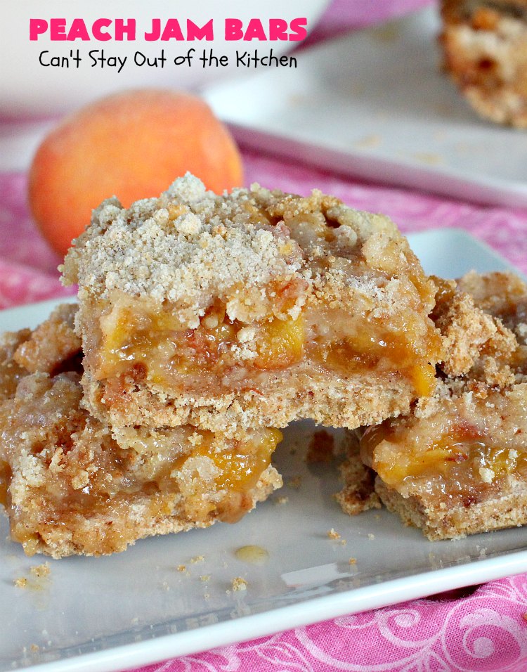 Peach Jam Bars | Can't Stay Out of the Kitchen | these ooey, gooey fantastic #cookies are filled with #PeachJam & fresh #peaches. They also have a #streusel topping. They're rich, decadent & heavenly! Terrific #dessert for #tailgating parties, potlucks, backyard BBQs or for the summer #holidays when peaches are in season. #PeachJamBars #PeachDessert #PeachJamDessert #HolidayDessert