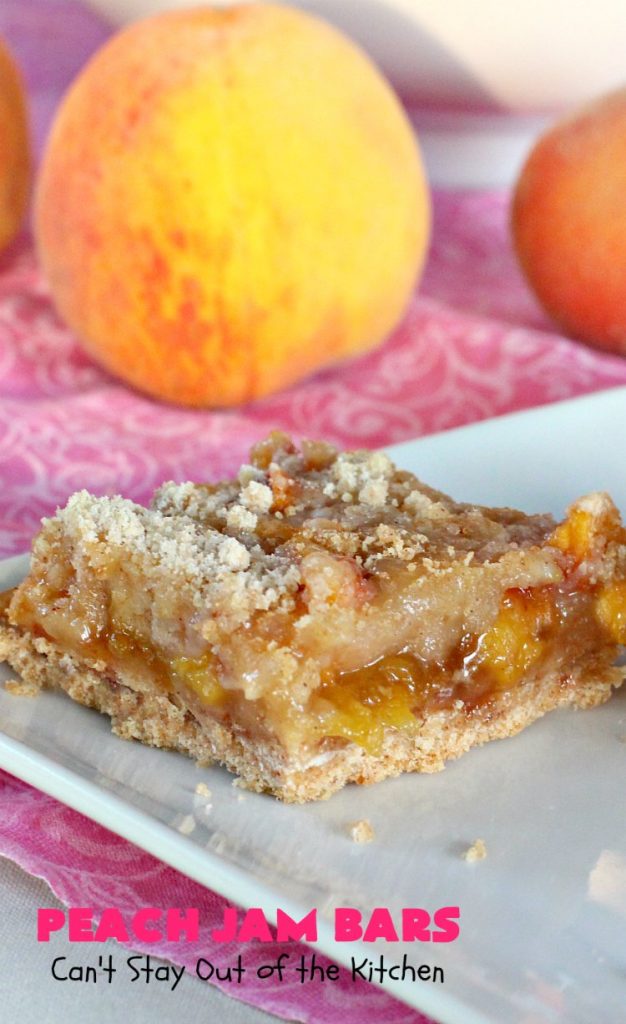 Peach Jam Bars | Can't Stay Out of the Kitchen | these ooey, gooey fantastic #cookies are filled with #PeachJam & fresh #peaches. They also have a #streusel topping. They're rich, decadent & heavenly! Terrific #dessert for #tailgating parties, potlucks, backyard BBQs or for the summer #holidays when peaches are in season. #PeachJamBars #PeachDessert #PeachJamDessert #HolidayDessert
