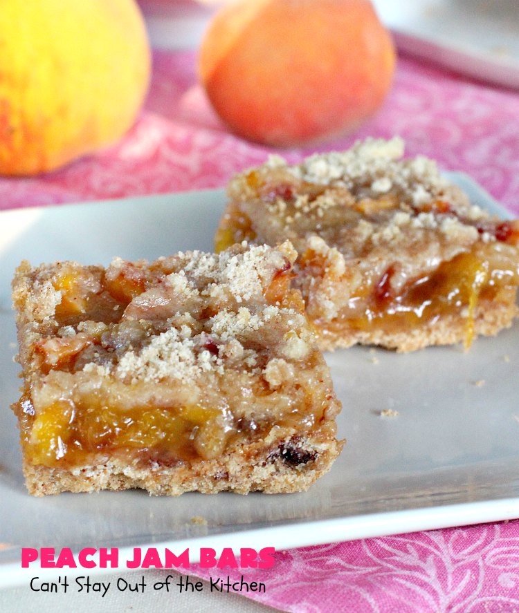 Peach Jam Bars | Can't Stay Out of the Kitchen | these ooey, gooey fantastic #cookies are filled with #PeachJam & fresh #peaches. They also have a #streusel topping. They're rich, decadent & heavenly! Terrific #dessert for #tailgating parties, potlucks, backyard BBQs or for the summer #holidays when peaches are in season. #PeachJamBars #PeachDessert #PeachJamDessert #HolidayDessert