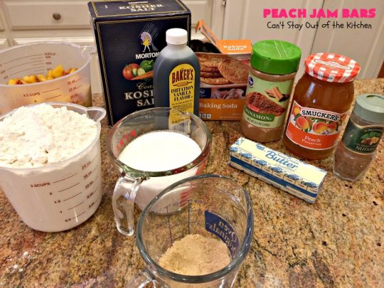Peach Jam Bars | Can't Stay Out of the Kitchen | these ooey, gooey fantastic #cookies are filled with #PeachJam & fresh #peaches. They also have a #streusel topping. They're rich, decadent & heavenly! Terrific #dessert for #tailgating parties, potlucks, backyard BBQs or for the summer #holidays when peaches are in season. #PeachJamBars #PeachDessert #PeachJamDessert #HolidayDessert