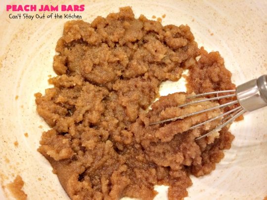 Peach Jam Bars | Can't Stay Out of the Kitchen | these ooey, gooey fantastic #cookies are filled with #PeachJam & fresh #peaches. They also have a #streusel topping. They're rich, decadent & heavenly! Terrific #dessert for #tailgating parties, potlucks, backyard BBQs or for the summer #holidays when peaches are in season. #PeachJamBars #PeachDessert #PeachJamDessert #HolidayDessert