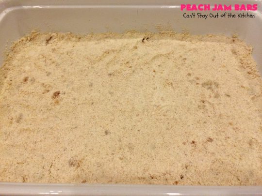 Peach Jam Bars | Can't Stay Out of the Kitchen | these ooey, gooey fantastic #cookies are filled with #PeachJam & fresh #peaches. They also have a #streusel topping. They're rich, decadent & heavenly! Terrific #dessert for #tailgating parties, potlucks, backyard BBQs or for the summer #holidays when peaches are in season. #PeachJamBars #PeachDessert #PeachJamDessert #HolidayDessert