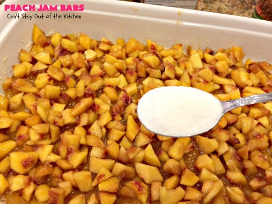Peach Jam Bars | Can't Stay Out of the Kitchen | these ooey, gooey fantastic #cookies are filled with #PeachJam & fresh #peaches. They also have a #streusel topping. They're rich, decadent & heavenly! Terrific #dessert for #tailgating parties, potlucks, backyard BBQs or for the summer #holidays when peaches are in season. #PeachJamBars #PeachDessert #PeachJamDessert #HolidayDessert