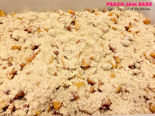 Peach Jam Bars | Can't Stay Out of the Kitchen | these ooey, gooey fantastic #cookies are filled with #PeachJam & fresh #peaches. They also have a #streusel topping. They're rich, decadent & heavenly! Terrific #dessert for #tailgating parties, potlucks, backyard BBQs or for the summer #holidays when peaches are in season. #PeachJamBars #PeachDessert #PeachJamDessert #HolidayDessert