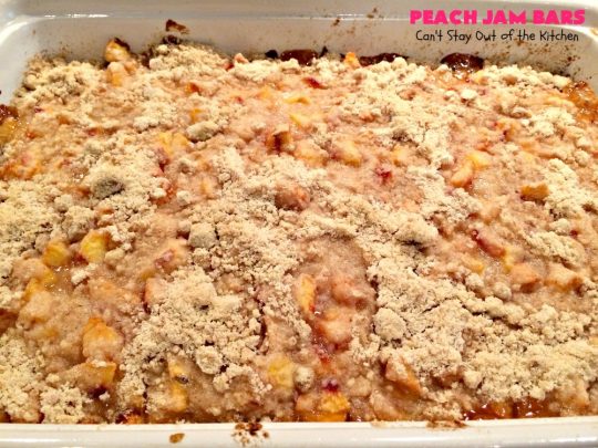 Peach Jam Bars | Can't Stay Out of the Kitchen | these ooey, gooey fantastic #cookies are filled with #PeachJam & fresh #peaches. They also have a #streusel topping. They're rich, decadent & heavenly! Terrific #dessert for #tailgating parties, potlucks, backyard BBQs or for the summer #holidays when peaches are in season. #PeachJamBars #PeachDessert #PeachJamDessert #HolidayDessert