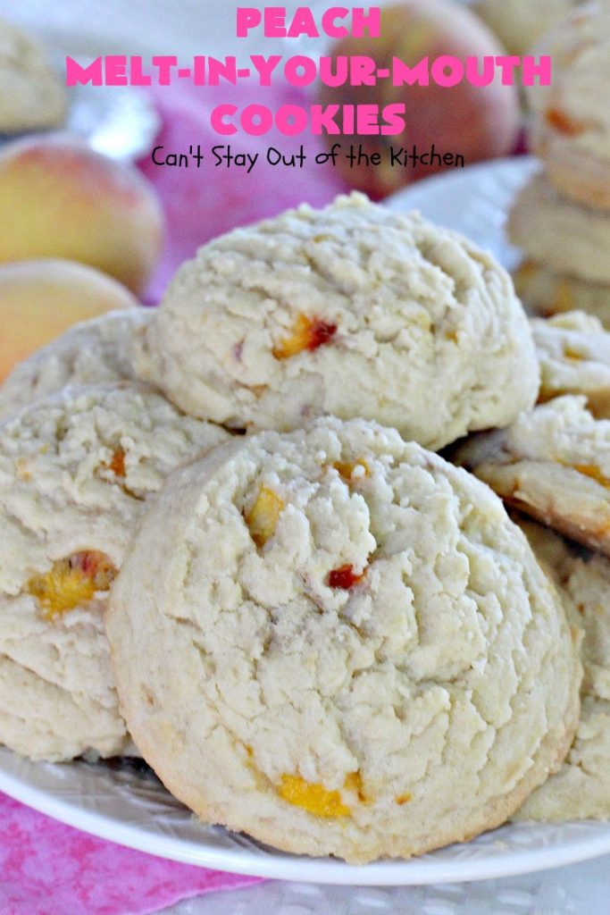Peach Melt-In-Your-Mouth Cookies | Can't Stay Out of the Kitchen | these lovely #peach #cookies are absolutely mouthwatering. They literally dissolve in your mouth! They're perfect for summer #holidays, potlucks & backyard BBQs when #peaches are in season. #dessert #peachdessert