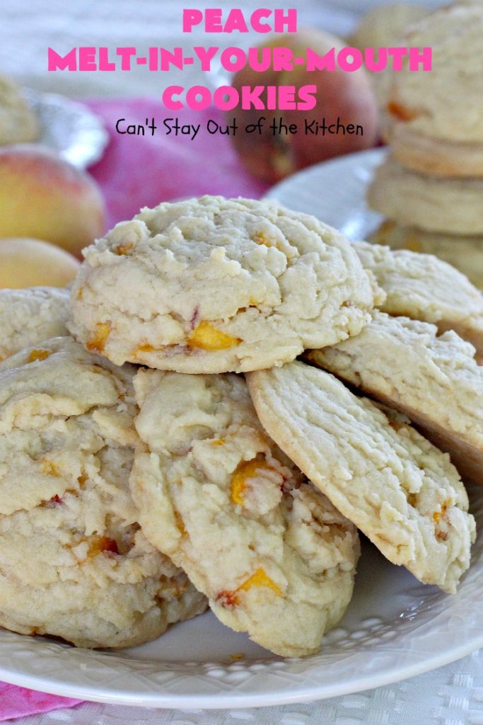 Peach Melt-In-Your-Mouth Cookies | Can't Stay Out of the Kitchen | these lovely #peach #cookies are absolutely mouthwatering. They literally dissolve in your mouth! They're perfect for summer #holidays, potlucks & backyard BBQs when #peaches are in season. #dessert #peachdessert