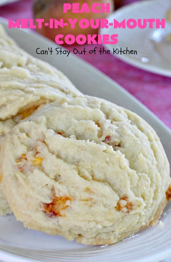 Peach Melt-In-Your-Mouth Cookies | Can't Stay Out of the Kitchen | these lovely #peach #cookies are absolutely mouthwatering. They literally dissolve in your mouth! They're perfect for summer #holidays, potlucks & backyard BBQs when #peaches are in season. #dessert #peachdessert