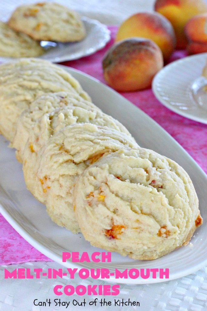 Peach Melt-In-Your-Mouth Cookies | Can't Stay Out of the Kitchen | these lovely #peach #cookies are absolutely mouthwatering. They literally dissolve in your mouth! They're perfect for summer #holidays, potlucks & backyard BBQs when #peaches are in season. #dessert #peachdessert