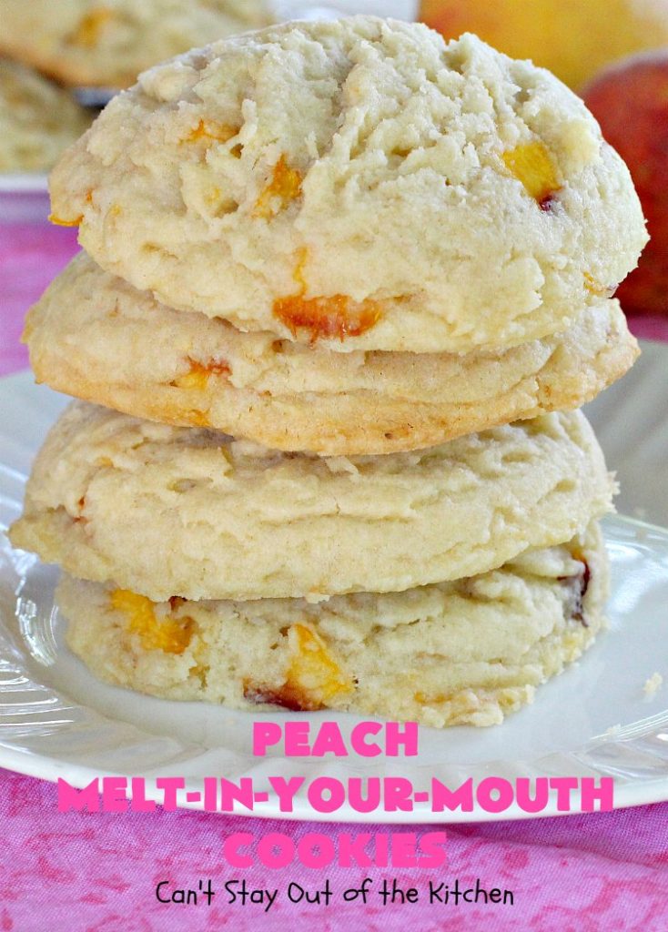 Peach Melt-In-Your-Mouth Cookies | Can't Stay Out of the Kitchen | these lovely #peach #cookies are absolutely mouthwatering. They literally dissolve in your mouth! They're perfect for summer #holidays, potlucks & backyard BBQs when #peaches are in season. #dessert #peachdessert