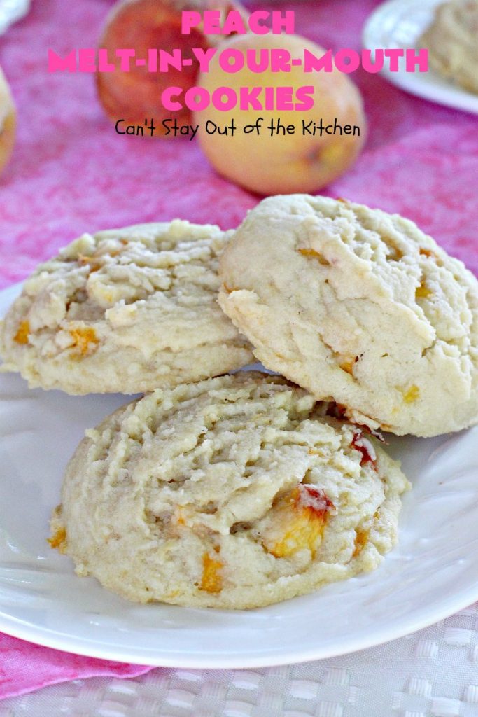 Peach Melt-In-Your-Mouth Cookies | Can't Stay Out of the Kitchen | these lovely #peach #cookies are absolutely mouthwatering. They literally dissolve in your mouth! They're perfect for summer #holidays, potlucks & backyard BBQs when #peaches are in season. #dessert #peachdessert