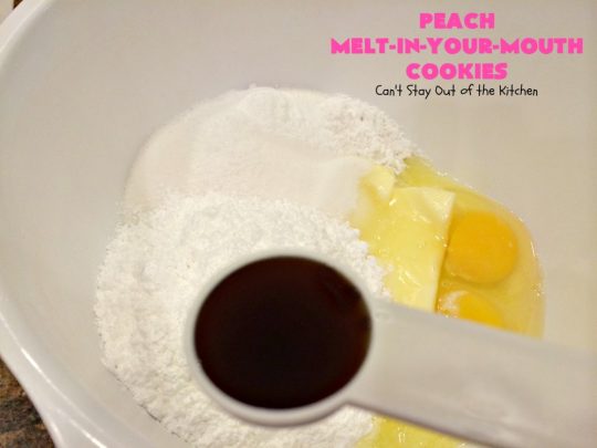 Peach Melt-In-Your-Mouth Cookies | Can't Stay Out of the Kitchen | these lovely #peach #cookies are absolutely mouthwatering. They literally dissolve in your mouth! They're perfect for summer #holidays, potlucks & backyard BBQs when #peaches are in season. #dessert #peachdessert