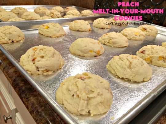 Peach Melt-In-Your-Mouth Cookies | Can't Stay Out of the Kitchen | these lovely #peach #cookies are absolutely mouthwatering. They literally dissolve in your mouth! They're perfect for summer #holidays, potlucks & backyard BBQs when #peaches are in season. #dessert #peachdessert