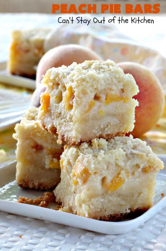 Peach Pie Bars | Can't Stay Out of the Kitchen | We love these fantastic #peachpie bars. They're so mouthwatering you can't stop at just one! Terrific for summer #holidays when fresh #peaches are in season. #MemorialDay #FourthofJuly #LaborDay #dessert