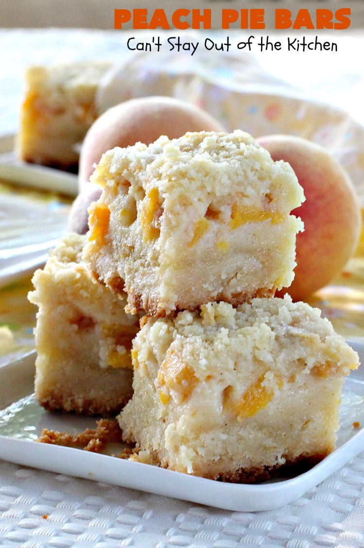Peach Pie Bars | Can't Stay Out of the Kitchen | We love these fantastic #peachpie bars. They're so mouthwatering you can't stop at just one! Terrific for summer #holidays when fresh #peaches are in season. #MemorialDay #FourthofJuly #LaborDay #dessert