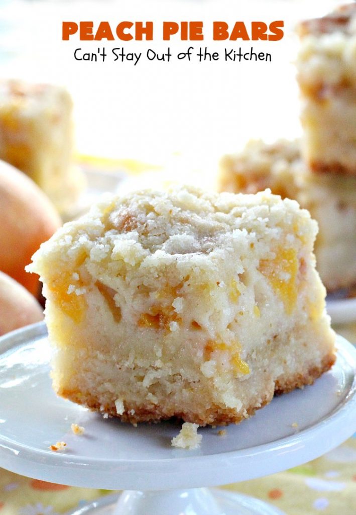 Peach Pie Bars | Can't Stay Out of the Kitchen | We love these fantastic #peachpie bars. They're so mouthwatering you can't stop at just one! Terrific for summer #holidays when fresh #peaches are in season. #MemorialDay #FourthofJuly #LaborDay #dessert