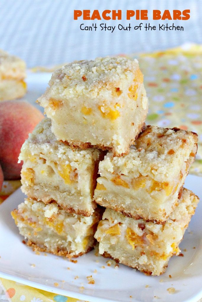 Peach Pie Bars | Can't Stay Out of the Kitchen | We love these fantastic #peachpie bars. They're so mouthwatering you can't stop at just one! Terrific for summer #holidays when fresh #peaches are in season. #MemorialDay #FourthofJuly #LaborDay #dessert