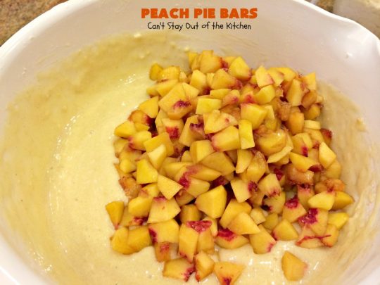 Peach Pie Bars | Can't Stay Out of the Kitchen | We love these fantastic #peachpie bars. They're so mouthwatering you can't stop at just one! Terrific for summer #holidays when fresh #peaches are in season. #MemorialDay #FourthofJuly #LaborDay #dessert