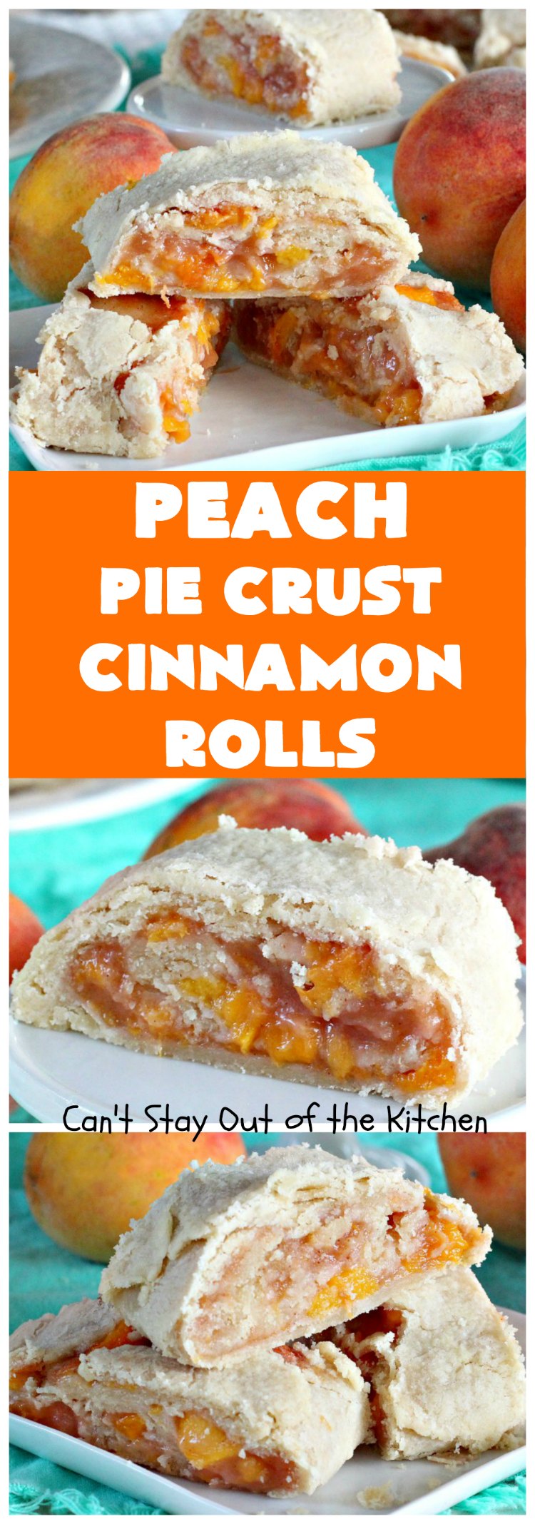 Peach Pie Crust Cinnamon Rolls | Can't Stay Out of the Kitchen | These #CinnamonRolls are awesome. They're filled with a homemade #PeachPieFilling then rolled up in #PieCrust. We eat them most of the time for #breakfast, but these are also terrific for #dessert dolloped with ice cream. Whether you serve them for breakfast or dessert, you'll be drooling over every bite. #PeachPieCrustCinnamonRolls #PeachDessert #PieCrustCinnamonRolls #holiday #southern #HolidayBreakfast #FreshPeaches