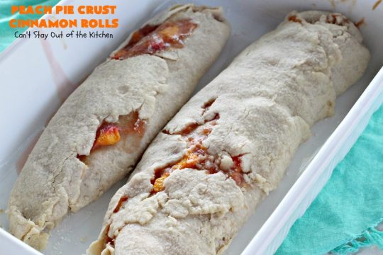 Peach Pie Crust Cinnamon Rolls | Can't Stay Out of the Kitchen | These #CinnamonRolls are awesome. They're filled with a homemade #PeachPieFilling then rolled up in #PieCrust. We eat them most of the time for #breakfast, but these are also terrific for #dessert dolloped with ice cream. Whether you serve them for breakfast or dessert, you'll be drooling over every bite. #PeachPieCrustCinnamonRolls #PeachDessert #PieCrustCinnamonRolls #holiday #southern #HolidayBreakfast #FreshPeaches