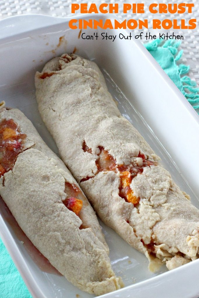 Peach Pie Crust Cinnamon Rolls | Can't Stay Out of the Kitchen | These #CinnamonRolls are awesome. They're filled with a homemade #PeachPieFilling then rolled up in #PieCrust. We eat them most of the time for #breakfast, but these are also terrific for #dessert dolloped with ice cream. Whether you serve them for breakfast or dessert, you'll be drooling over every bite. #PeachPieCrustCinnamonRolls #PeachDessert #PieCrustCinnamonRolls #holiday #southern #HolidayBreakfast #FreshPeaches
