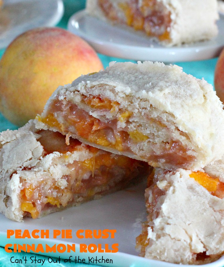 Peach Pie Crust Cinnamon Rolls | Can't Stay Out of the Kitchen | These #CinnamonRolls are awesome. They're filled with a homemade #PeachPieFilling then rolled up in #PieCrust. We eat them most of the time for #breakfast, but these are also terrific for #dessert dolloped with ice cream. Whether you serve them for breakfast or dessert, you'll be drooling over every bite. #PeachPieCrustCinnamonRolls #PeachDessert #PieCrustCinnamonRolls #holiday #southern #HolidayBreakfast #FreshPeaches