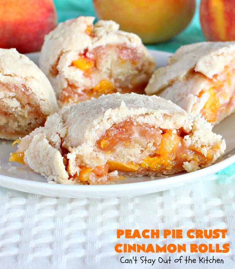 Peach Pie Crust Cinnamon Rolls | Can't Stay Out of the Kitchen | These #CinnamonRolls are awesome. They're filled with a homemade #PeachPieFilling then rolled up in #PieCrust. We eat them most of the time for #breakfast, but these are also terrific for #dessert dolloped with ice cream. Whether you serve them for breakfast or dessert, you'll be drooling over every bite. #PeachPieCrustCinnamonRolls #PeachDessert #PieCrustCinnamonRolls #holiday #southern #HolidayBreakfast #FreshPeaches