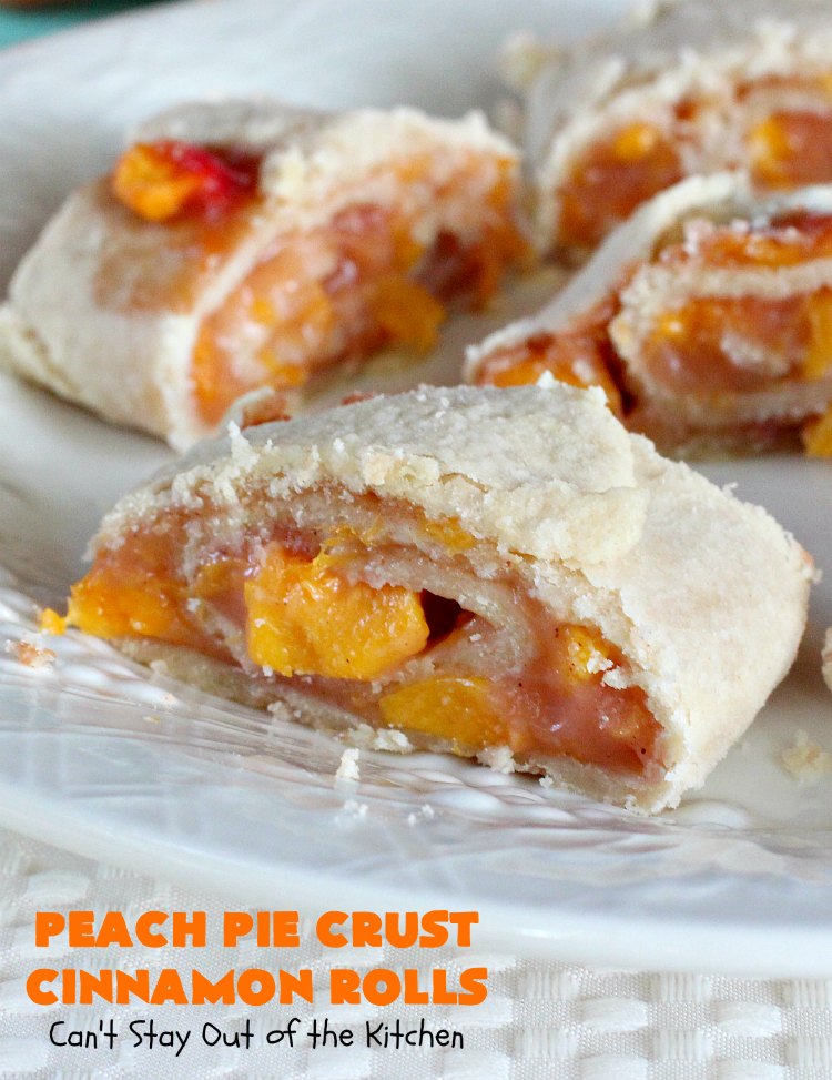 Peach Pie Crust Cinnamon Rolls | Can't Stay Out of the Kitchen | These #CinnamonRolls are awesome. They're filled with a homemade #PeachPieFilling then rolled up in #PieCrust. We eat them most of the time for #breakfast, but these are also terrific for #dessert dolloped with ice cream. Whether you serve them for breakfast or dessert, you'll be drooling over every bite. #PeachPieCrustCinnamonRolls #PeachDessert #PieCrustCinnamonRolls #holiday #southern #HolidayBreakfast #FreshPeaches