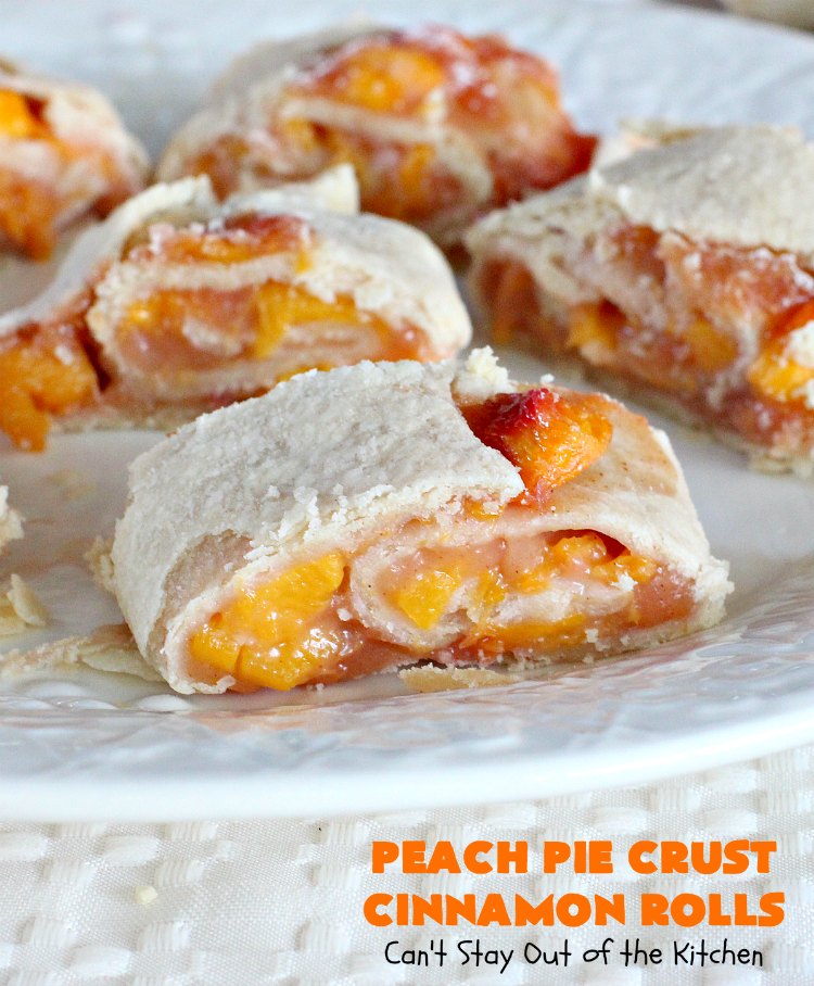 Peach Pie Crust Cinnamon Rolls | Can't Stay Out of the Kitchen | These #CinnamonRolls are awesome. They're filled with a homemade #PeachPieFilling then rolled up in #PieCrust. We eat them most of the time for #breakfast, but these are also terrific for #dessert dolloped with ice cream. Whether you serve them for breakfast or dessert, you'll be drooling over every bite. #PeachPieCrustCinnamonRolls #PeachDessert #PieCrustCinnamonRolls #holiday #southern #HolidayBreakfast #FreshPeaches