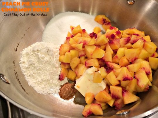Peach Pie Crust Cinnamon Rolls | Can't Stay Out of the Kitchen | These #CinnamonRolls are awesome. They're filled with a homemade #PeachPieFilling then rolled up in #PieCrust. We eat them most of the time for #breakfast, but these are also terrific for #dessert dolloped with ice cream. Whether you serve them for breakfast or dessert, you'll be drooling over every bite. #PeachPieCrustCinnamonRolls #PeachDessert #PieCrustCinnamonRolls #holiday #southern #HolidayBreakfast #FreshPeaches