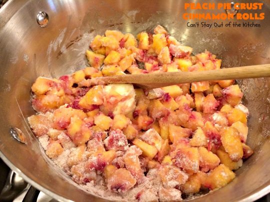 Peach Pie Crust Cinnamon Rolls | Can't Stay Out of the Kitchen | These #CinnamonRolls are awesome. They're filled with a homemade #PeachPieFilling then rolled up in #PieCrust. We eat them most of the time for #breakfast, but these are also terrific for #dessert dolloped with ice cream. Whether you serve them for breakfast or dessert, you'll be drooling over every bite. #PeachPieCrustCinnamonRolls #PeachDessert #PieCrustCinnamonRolls #holiday #southern #HolidayBreakfast #FreshPeaches