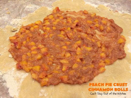 Peach Pie Crust Cinnamon Rolls | Can't Stay Out of the Kitchen | These #CinnamonRolls are awesome. They're filled with a homemade #PeachPieFilling then rolled up in #PieCrust. We eat them most of the time for #breakfast, but these are also terrific for #dessert dolloped with ice cream. Whether you serve them for breakfast or dessert, you'll be drooling over every bite. #PeachPieCrustCinnamonRolls #PeachDessert #PieCrustCinnamonRolls #holiday #southern #HolidayBreakfast #FreshPeaches