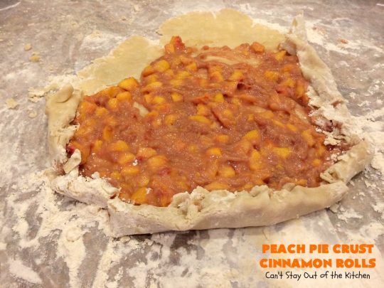 Peach Pie Crust Cinnamon Rolls | Can't Stay Out of the Kitchen | These #CinnamonRolls are awesome. They're filled with a homemade #PeachPieFilling then rolled up in #PieCrust. We eat them most of the time for #breakfast, but these are also terrific for #dessert dolloped with ice cream. Whether you serve them for breakfast or dessert, you'll be drooling over every bite. #PeachPieCrustCinnamonRolls #PeachDessert #PieCrustCinnamonRolls #holiday #southern #HolidayBreakfast #FreshPeaches