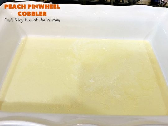 Peach Pinwheel Cobbler | Can't Stay Out of the Kitchen | this is one fantastic #PeachCobbler! #Peaches are wrapped up in dough pinwheel fashion. Syrup is poured over top before baking. The pinwheels absorb the syrup & puff up really large. This is absolutely heavenly. Wonderful #summer #dessert. #PeachDessert #cobbler #PeachPinwheelCobbler #Canbassador #WashingtonStateFruitCommission #WashingtonStoneFruitGrowers #WashingtonStateStoneFruitGrowers