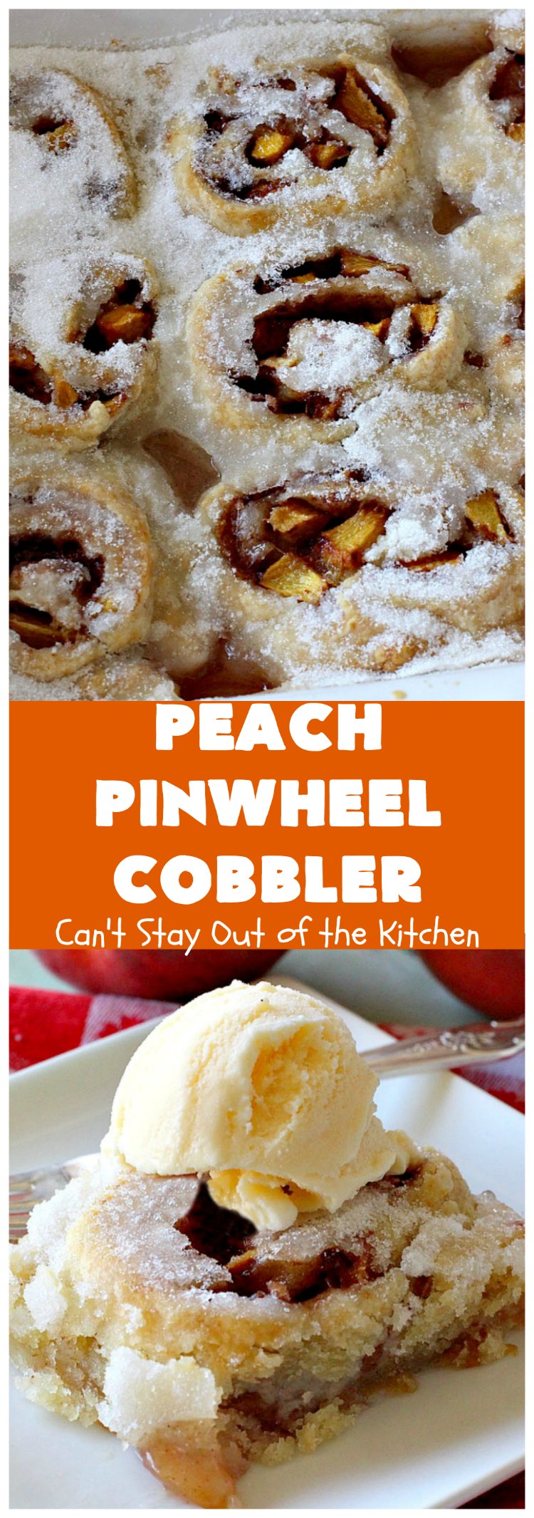 Peach Pinwheel Cobbler | Can't Stay Out of the Kitchen | this is one fantastic #PeachCobbler! #Peaches are wrapped up in dough pinwheel fashion. Syrup is poured over top before baking. The pinwheels absorb the syrup & puff up really large. This is absolutely heavenly. Wonderful #summer #dessert. #PeachDessert #cobbler #PeachPinwheelCobbler #Canbassador #WashingtonStateFruitCommission #WashingtonStoneFruitGrowers #WashingtonStateStoneFruitGrowers