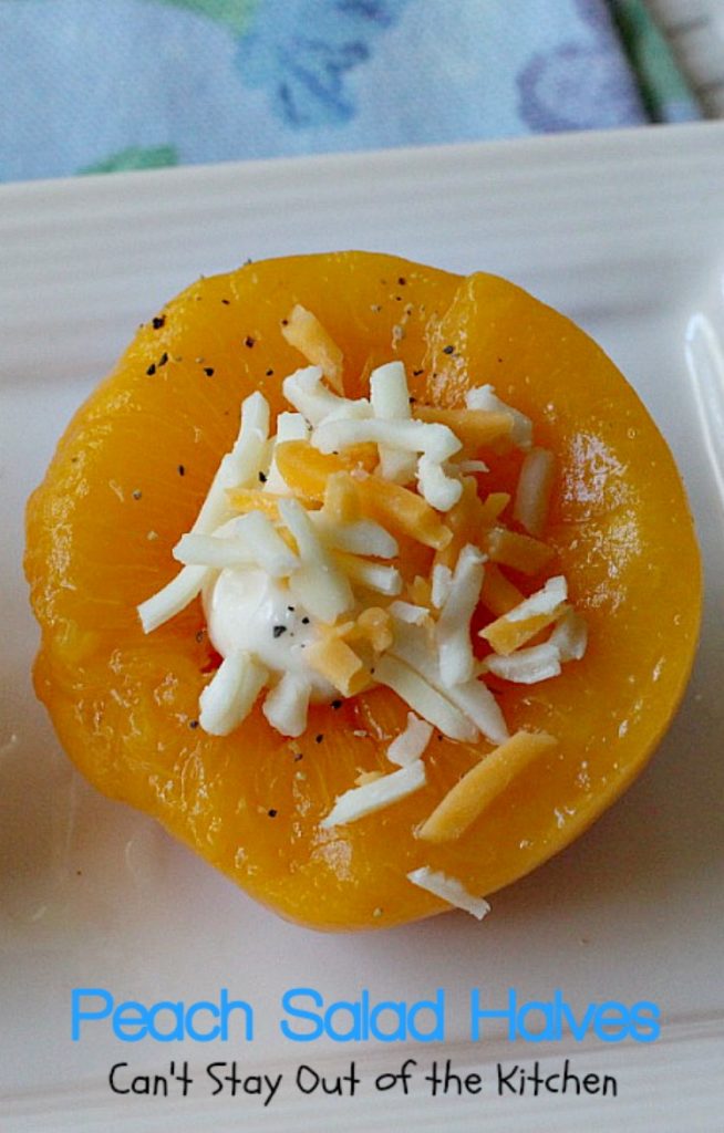 Peach Salad Halves | Can't Stay Out of the Kitchen | this lovely #fruit #salad has only 4 ingredients & is so quick and easy. Great for #holiday menus, too.