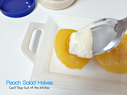Peach Salad Halves | Can't Stay Out of the Kitchen | this lovely #fruit #salad has only 4 ingredients & is so quick and easy. Great for #holiday menus, too.