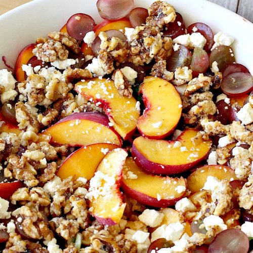Peach Salad with Glazed Walnuts | Can't Stay Out of the Kitchen | this mouthwatering #salad includes fresh #peaches, #lemon #FetaCheese, #grapes & #GlazedWalnuts. It's terrific for company meals or entertaining. It has a delicious homemade #PeachVinaigrette. #GlutenFree #PeachSalad #PeachSaladWithGlazedWalnuts
